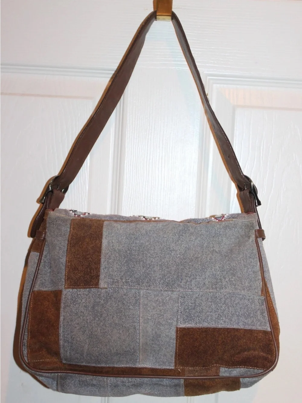 Isabella Fiore Denim PatchworkEmbroidered Boho Flap Hobo Shoulder Bag